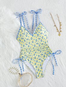 SHEIN Swim Springbreak Women's New Printed Random Color Side Tie Sexy Elegant Vacation Minimalist One-Piece Swimsuit - Multicolor - View 2
