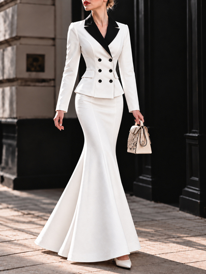 Selianne Fall Clothes For Women White Blazer Dress Black Lapel Double Breasted Mermaid Fishtail Maxi Dress Slim Office Party