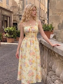 SHEIN MOD Romantic Floral Bow Ruched Dress,Women's Elegant Floral Print Ruffle Strap Shirred Square Neck Midi Dress,Tea Party Dresses,Vacation,Fairy - Yellow - View 6