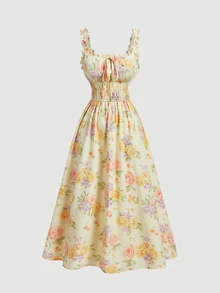 SHEIN MOD Romantic Floral Bow Ruched Dress,Women's Elegant Floral Print Ruffle Strap Shirred Square Neck Midi Dress,Tea Party Dresses,Vacation,Fairy - Yellow - View 7