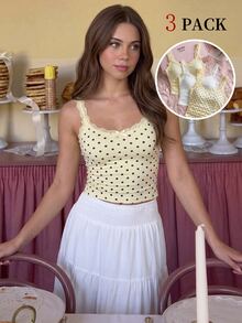 SHEIN MOD 3PCS Atasan Tank Top & Cami Wanita, Set Atasan Tank Top Cami Berkerut dengan Detail Pita dan Hiasan Renda Lucu untuk Wanita, Kasual. Kembali ke Sekolah - MultiWarna - View 14