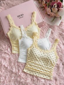 SHEIN MOD 3PCS Atasan Tank Top & Cami Wanita, Set Atasan Tank Top Cami Berkerut dengan Detail Pita dan Hiasan Renda Lucu untuk Wanita, Kasual. Kembali ke Sekolah - MultiWarna - View 1