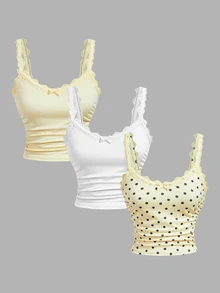 SHEIN MOD 3PCS Atasan Tank Top & Cami Wanita, Set Atasan Tank Top Cami Berkerut dengan Detail Pita dan Hiasan Renda Lucu untuk Wanita, Kasual. Kembali ke Sekolah - MultiWarna - View 11
