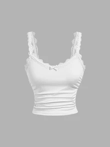 SHEIN MOD 3PCS Atasan Tank Top & Cami Wanita, Set Atasan Tank Top Cami Berkerut dengan Detail Pita dan Hiasan Renda Lucu untuk Wanita, Kasual. Kembali ke Sekolah - MultiWarna - View 6