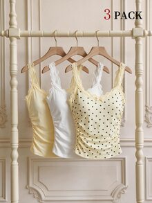 SHEIN MOD 3PCS Atasan Tank Top & Cami Wanita, Set Atasan Tank Top Cami Berkerut dengan Detail Pita dan Hiasan Renda Lucu untuk Wanita, Kasual. Kembali ke Sekolah - MultiWarna - View 13