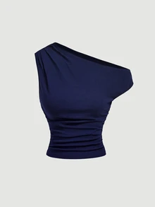 SHEIN MOD 女款純棉海軍藍彈性腰圍套裝，不對稱肩設計休閒優雅復古兩件套，含長褲 - 藏蓝色 - 查看 5
