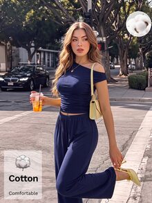 SHEIN MOD 女款純棉海軍藍彈性腰圍套裝，不對稱肩設計休閒優雅復古兩件套，含長褲 - 藏蓝色 - 查看 10