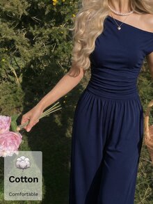SHEIN MOD 女款純棉海軍藍彈性腰圍套裝，不對稱肩設計休閒優雅復古兩件套，含長褲 - 藏蓝色 - 查看 12