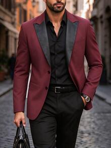 Manfinity Bizformal 男士優雅酒紅色西裝外套，亮面對比領西裝外套，適合各種正式場合 - 酒紅色 - 查看 1