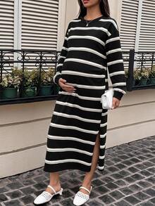 Dazy Maternity 拼色拼接圓領休閒寬鬆短袖長版孕婦洋裝，適合春夏度假 - 黑與白 - 查看 5