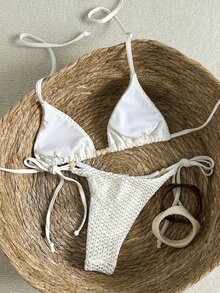 SHEIN Swim Women's Textured Beaded Halter Bikini Set, Spring/Summer - Beige - View 2
