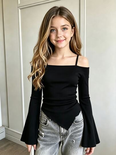 SHEIN Sparklyn Girls' Casual Minimalist Fashion Elegant Holiday Vacation Outdoor Play Commute Campus Comfortable Soft Knitted Polyester Ribbed Spaghetti Strap Square Neck Long Sleeve Asymmetrical Hem Top Spring Summer Autumn Back To School New Year Christmas