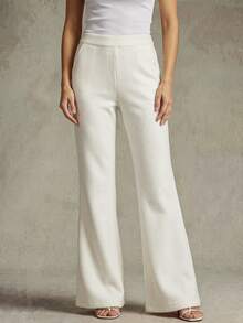 SHEIN 女款高腰口袋針織喇叭褲，休閒優雅寬鬆版型日常穿著，秋冬正式辦公米白色 - 白色 - 查看 1