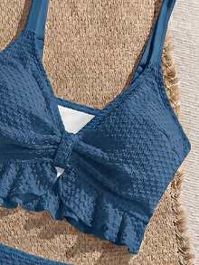 Swim Vcay Dam bikini med hög midja, tanktopp, rynkade volanger, dragsko och texturerat tyg i enfärgad design för strandsemester - Blå - Visa 5