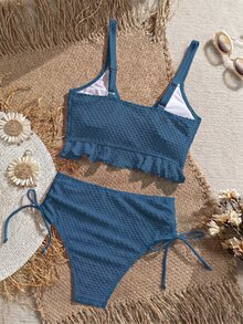 Swim Vcay Dam bikini med hög midja, tanktopp, rynkade volanger, dragsko och texturerat tyg i enfärgad design för strandsemester - Blå - Visa 2