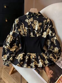 GlowEve CURVE Plus Size Women's Patchwork Foil Floral Print 2 In 1 Top Christmas - Gold - View 2