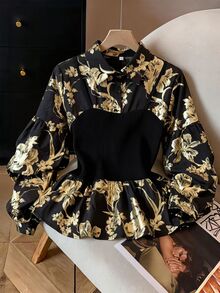 GlowEve CURVE Plus Size Women's Patchwork Foil Floral Print 2 In 1 Top Christmas - Gold - View 1