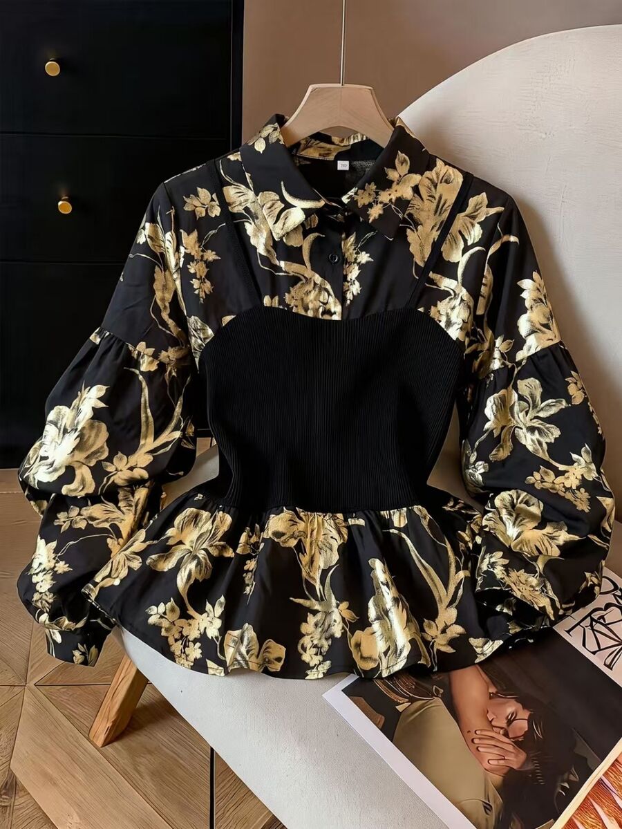GlowEve CURVE Plus Size Women's Patchwork Foil Floral Print 2 In 1 Top Christmas - Gold - View 1