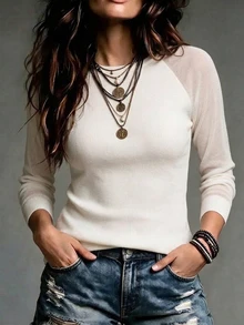 SHEIN Minimalist Commuter Round Neck Mesh Patchwork Slim Fit College Style Daily Wear Elegant Casual Women's T-Shirt - White - View 4