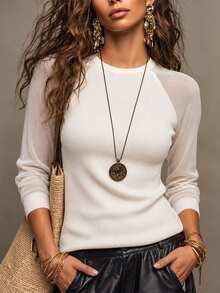 SHEIN Minimalist Commuter Round Neck Mesh Patchwork Slim Fit College Style Daily Wear Elegant Casual Women's T-Shirt - White - View 3