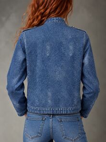 Breezaya 女款秋季藍色立領夾克外套，金屬鈕扣，復古休閒日常與夜生活穿搭 - 藍色 - 查看 2