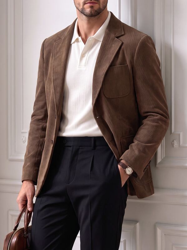 Core Aspect Men's Earth Tone Casual Blazer, Old Money Style Corduroy Brown Jacket, Daily Commute Casual Wear