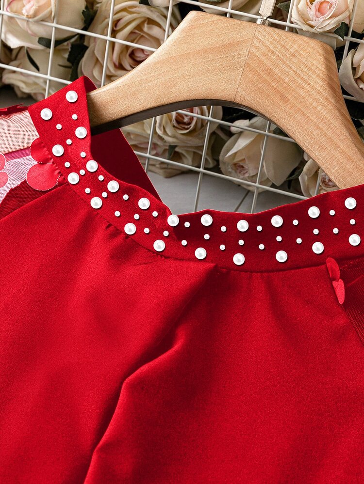 DreamSkyne Blus Elegan Lengan Raglan Jala Kontras Motif Bunga untuk Wanita Ukuran Plus, Pakaian Musim Gugur untuk Wanita - Merah - View 3