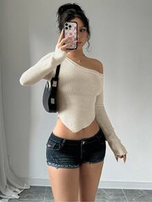 Flirla Women Solid Color Asymmetrical Neck Long Sleeve Fitted Sweater, Autumn/Winter, Long Sleeve Top Knit Pullover Fall - Beige - View 3