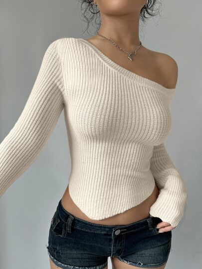 Flirla Women Solid Color Asymmetrical Neck Long Sleeve Fitted Sweater, Autumn/Winter, Long Sleeve Top Knit Pullover Fall