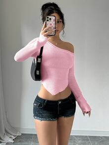 Flirla Women's Plain Asymmetric Collar Long Sleeve Fitted Sweater, Autumn & Winter,Long Sleeve Tops, Knit Pullover Fall - Baby Pink - View 4