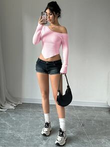 Flirla Women's Plain Asymmetric Collar Long Sleeve Fitted Sweater, Autumn & Winter,Long Sleeve Tops, Knit Pullover Fall - Baby Pink - View 6