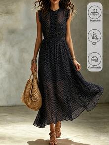 SHEIN Women's Summer Dress Round Neck Small Flutter Sleeves Button-Front Placket Ruffle Elastic Waist Black Polka Dot Vintage Elegant French Vacation - Black - View 3
