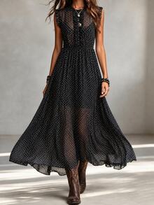 SHEIN Women's Summer Dress Round Neck Small Flutter Sleeves Button-Front Placket Ruffle Elastic Waist Black Polka Dot Vintage Elegant French Vacation - Black - View 4