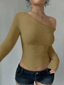 Flirla 女士休闲日常通勤简约纯色不对称领修身套头衫，秋季 - 綠色 - 查看 1