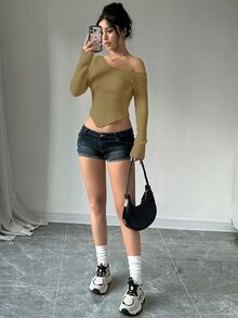 Flirla 女士休闲日常通勤简约纯色不对称领修身套头衫，秋季 - 綠色 - 查看 6