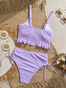 Swim Vcay 女款純色紋理布料甜美荷葉邊抽繩高腰短版比基尼上衣，適合海灘度假 - 紫色 - 查看 2