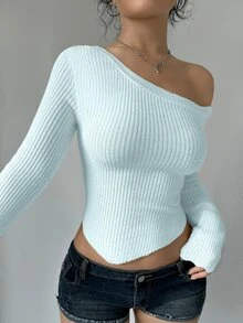 Flirla 1pc Women's Sexy Off-Shoulder Solid Color Asymmetric Hem Sweater - Baby Blue - View 1