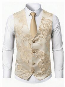 Calvornis 男士金色時尚復古花卉提花修身正式無袖背心 - 金色 - 查看 3