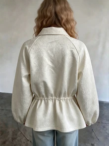 SHEIN Women's Autumn Elegant Casual Solid Color Jacquard Lapel Long Sleeve Drawstring Loose Jacket Daily Wear Breakfast Everyday White Breakfast Everyday - Apricot - View 2