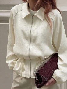 SHEIN Women's Autumn Elegant Casual Solid Color Jacquard Lapel Long Sleeve Drawstring Loose Jacket Daily Wear Breakfast Everyday White Breakfast Everyday - Apricot - View 8