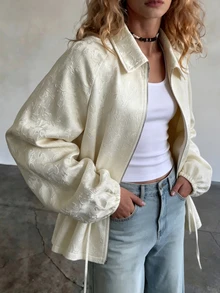 SHEIN Women's Autumn Elegant Casual Solid Color Jacquard Lapel Long Sleeve Drawstring Loose Jacket Daily Wear Breakfast Everyday White Breakfast Everyday - Apricot - View 5