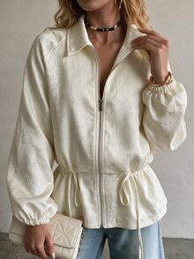 SHEIN Women's Autumn Elegant Casual Solid Color Jacquard Lapel Long Sleeve Drawstring Loose Jacket Daily Wear Breakfast Everyday White Breakfast Everyday - Apricot - View 4