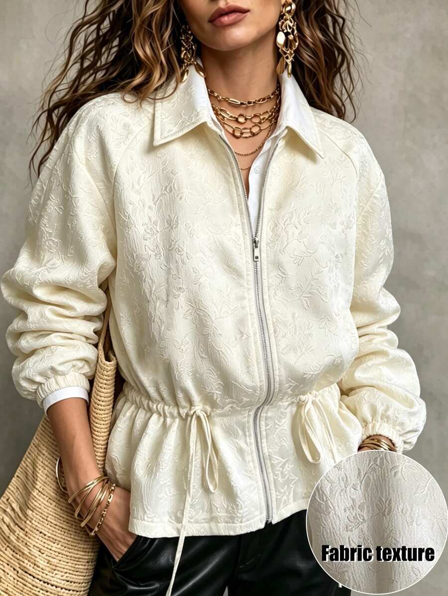 SHEIN Women's Autumn Elegant Casual Solid Color Jacquard Lapel Long Sleeve Drawstring Loose Jacket Daily Wear Breakfast Everyday White Breakfast Everyday - Apricot - View 1
