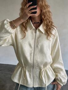 SHEIN Women's Autumn Elegant Casual Solid Color Jacquard Lapel Long Sleeve Drawstring Loose Jacket Daily Wear Breakfast Everyday White Breakfast Everyday - Apricot - View 3