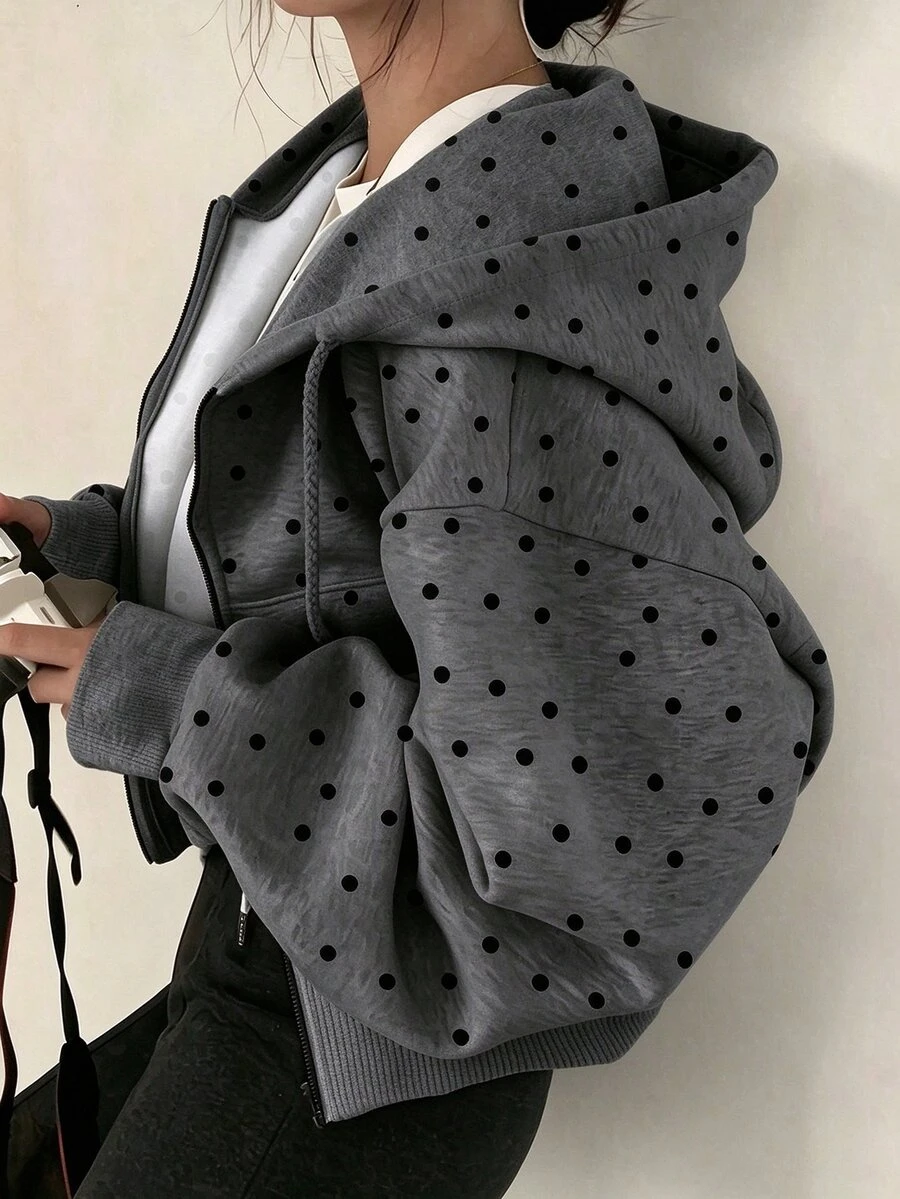 SHEIN x Carly Lawrence INAWLY 女款純色灰色抓絨連帽抽繩衛衣,長袖休閒上衣,適合秋季返校、秋季學校畢業、教師穿著 - 深灰色 - 查看 1