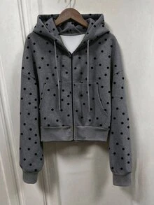 SHEIN x Carly Lawrence INAWLY 女款純色灰色抓絨連帽抽繩衛衣，長袖休閒上衣，適合秋季返校、秋季學校畢業、教師穿著 - 深灰色 - 查看 3