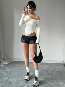 Flirla Sexy Asymmetrical Shoulder Women's Sweater,Long Sleeve Tops, Knit Pullover Fall Winter - White - View 4