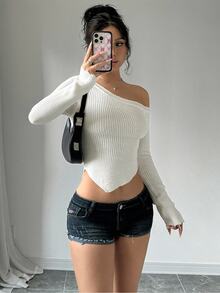 Flirla Sexy Asymmetrical Shoulder Women's Sweater,Long Sleeve Tops, Knit Pullover Fall Winter - White - View 5