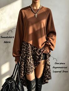 SHEIN Autumn/Winter Brown Leopard Print Patchwork Crew Neck Drop Shoulder Ruffled Ribbed Cuffs Long Sleeve Women's Sweatshirt Dress, Music Festival. - Brown - View 1