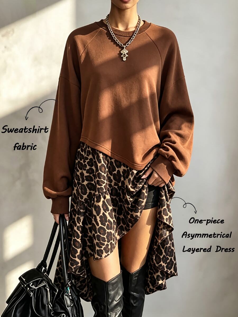 SHEIN Autumn/Winter Brown Leopard Print Patchwork Crew Neck Drop Shoulder Ruffled Ribbed Cuffs Long Sleeve Women's Sweatshirt Dress, Music Festival. - Brown - View 1